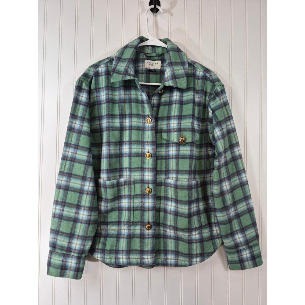 American Eagle Green Plaid Wool Blend Shacket Gold Crest Button XS Oversized
